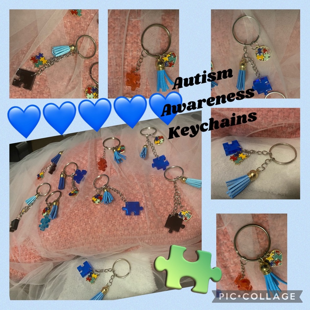 Puzzle pieces and blue leathers for Autism awareness, KEYCHAIN
